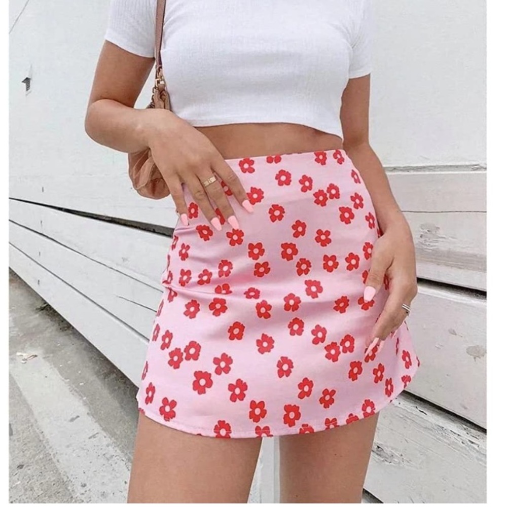 pink and red flower silk skirt